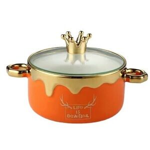 Luxurious Orange and Gold Casserole Dish with Crown Handle